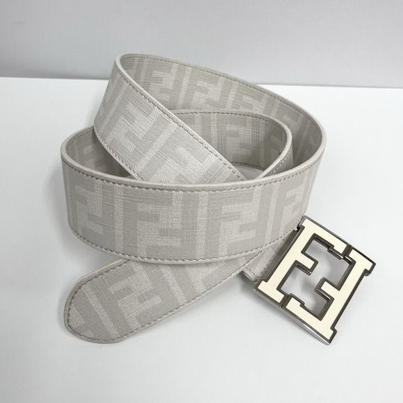 Fendi Leather FF Logo Belt White & Gray Tones FF Enamel With Silver Buckle 95 38 - Picture 1 of 9